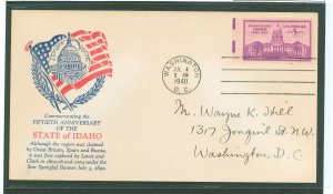 US 896 1940 3c Idaho 50th Anniversary Of Statehood (single) on an address FDC with a Washington, DC cancel and a Holland Cachet