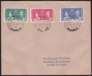 FALKLAND IS 1937 Coronation set on FDC  SOUTH GEORGIA cds bar at base......D6174