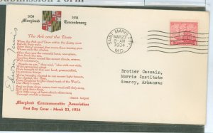 US 736 1934 3c Maryland Tercentenary on an addressed (typed) FDC with a MD Commemorative Association cachet