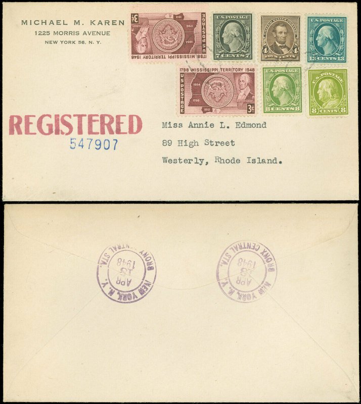 1948 Philatelic Cover, REGISTERED, Later Use of Nice Postage! SC #222 #337 #339