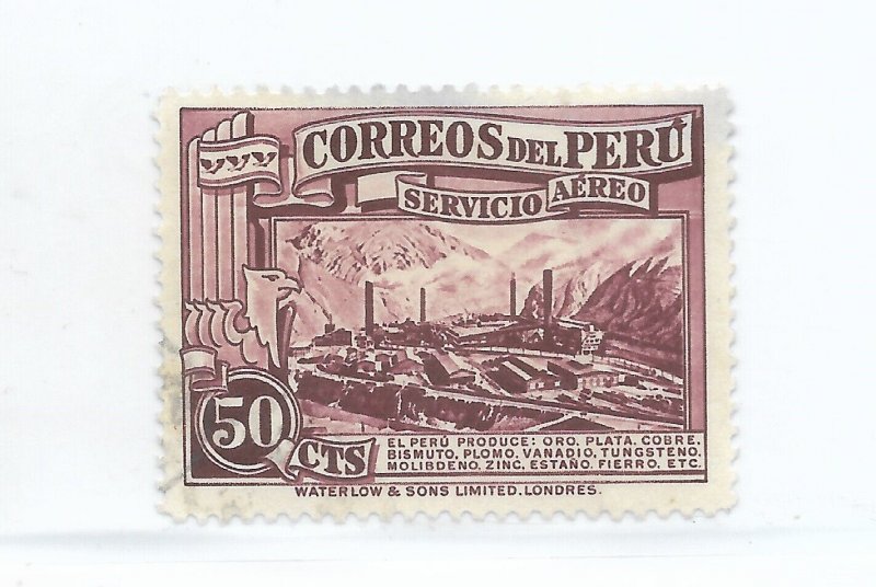 PERU 1936 MINING INDUSTRY GOLD PLATE MINERALS 50 CENTS AIRMAIL SCOTT C27 MI 371