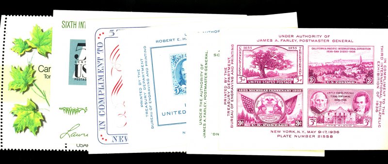 U.S. #778, 797, 948, 1075, 1311, 1757 SET OF 6 SOUV. SHEETS MINT