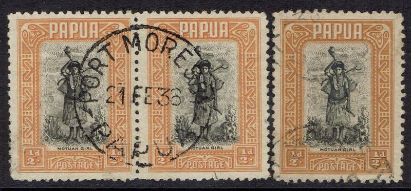 PAPUA 1932 MOTUAN GIRL 1/2D PAIR AND 1/2D BOTH PRINTINGS USED