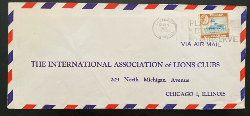 1963 Causeway Southern Rhodesia Lions Club Airmail Cover To Chicago iL USA 