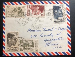 1951 Papeete Tahiti Airmail Cover to Hooperton USA Via Auckland New Zealand