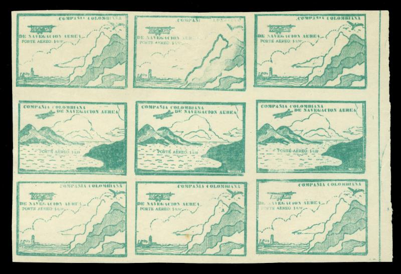 COLOMBIA 1920 AIRMAIL Plane,mountain,water 10c green Sc# C11(footnote) MNH BLOCK