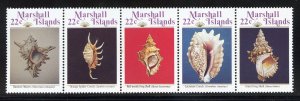 Marshall Islands 123a MNH , Seashells Strip of 5 from 1986.