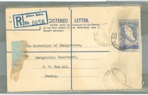 Malaya  1960 Postal Stationery, 30c & 10c Reg. Env., Johore Bahru, Stamp removed?, Penang & Singaore cancels on reverse