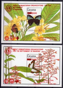 Guyana 1992 BUTTERFLIES/LIONS INT.75 YEARS 2 S/S RED OVPT.IMPERFORATED  MNH