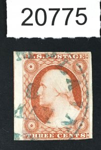 US STAMPS # 11A USED CHAMPLAIN, ILL . GREEN CANCEL POS.41R2L $190 LOT # 20775