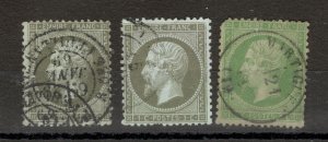 FRANCE - 3 USED STAMPS, 1 c - Mi.No. 18 a,b,c  - 1862/1871.