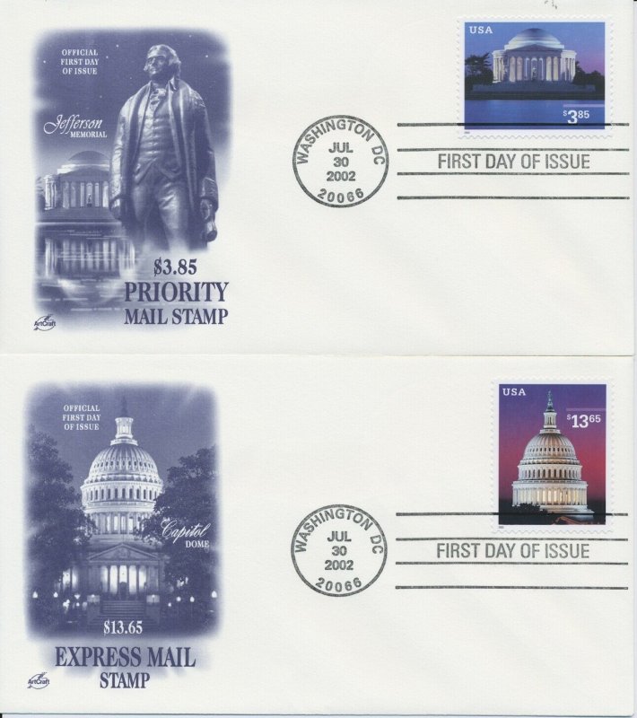 #3647 $3.85 & #3648 $13.65 Priority & Express Mail set of 2 2002 Artcraft cachet