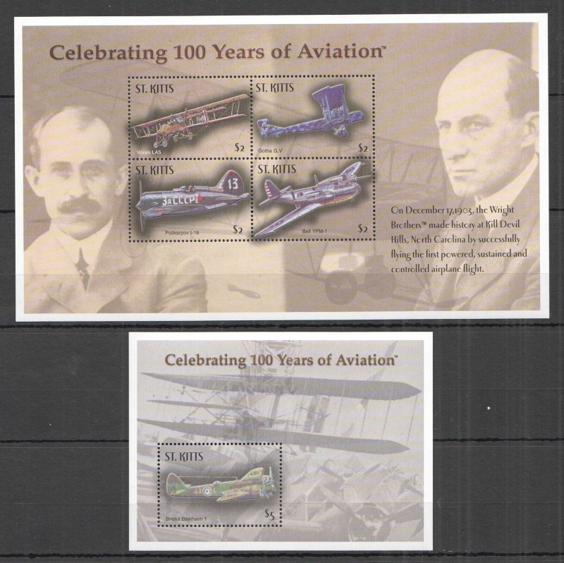 OZ0535 ST. KITTS TRANSPORT CELEBRATING 100 YEARS OF AVIATION 1KB+1BL MNH