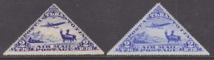 Tannu Tuva Sc C9 MLH. 1934 2r Airpost triangulars, 2 different listed shades