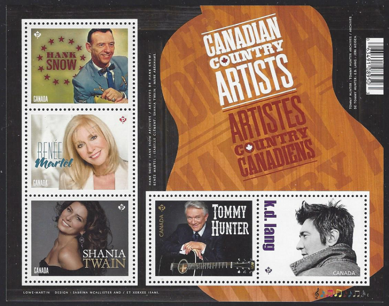 Canada #2765 mint SS, Canadian country artists, issued 2014