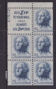 BOBPLATES #1213a Washington Booklet Pane Upper Left 27672 90% MintNH DCV=$50