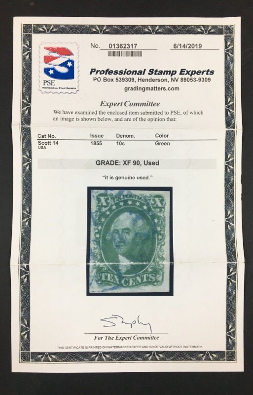 MOMEN: US STAMPS #14 USED PSE GRADED CERT XF-90 LOT #86095