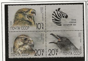 Russia 1990 Birds of Prey sg.6135a block of 3 + label   MNH