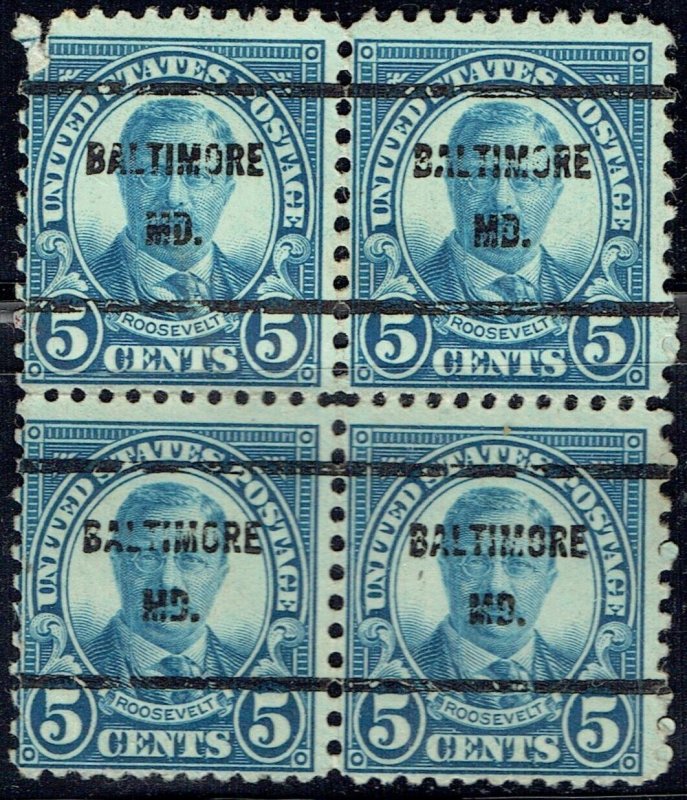 1926 5c ROOSEVELT w/Bureau precancel blk of 4 BALTIMORE MD (637-61). NICE BLK! 