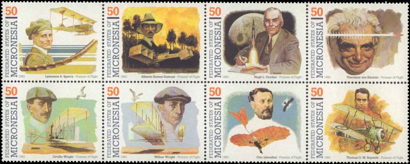 Micronesia #178, Complete Set, Block of 8, 1993, Aviation Related, Airplanes,...