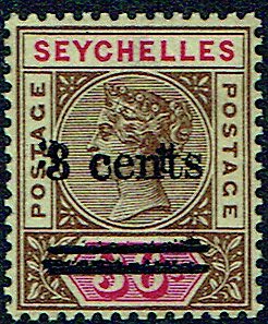 SEYCHELLES 1901 3c on 36c brown and carmine - 41807