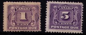 Canada #  J1 & J5 Mint  F-VF NG & part gum  stamps Cat $ 80