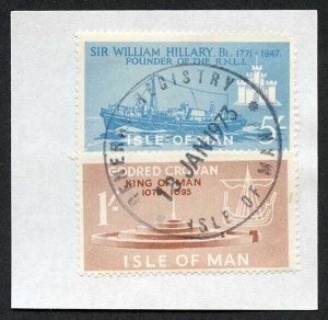 Isle of Man 5/- Blue and 1/- Brown QEII Pictorial Revenues CDS On Piece