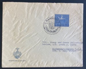 1939 Hamburg Germany First Day Cover To Richmond VA Usa Derby Anniversary