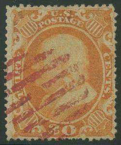 #38 30c 1860 F-VF USED WITH RED CANCEL CV $475 BU7268