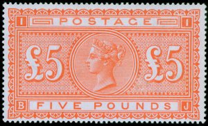 GB QV SG137, SCARCE £5 orange, NH MINT. Cat £12500+ BPA CERT BJ