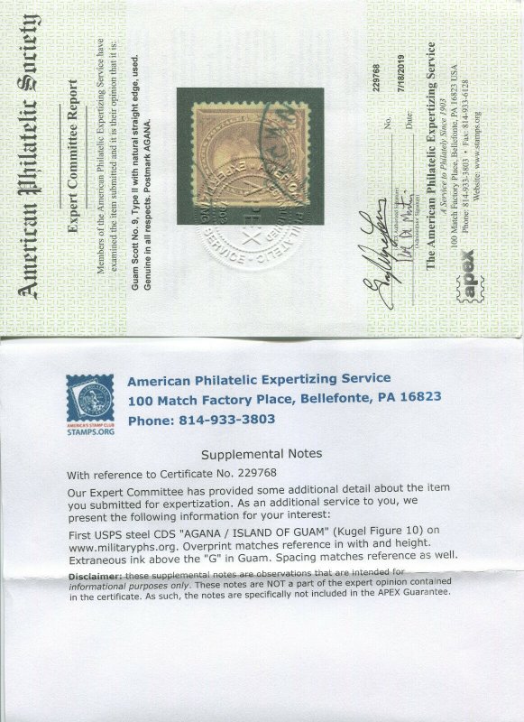 Guam Scott 9 Type 2 Used Stamp with APS Cert ****WORLD CLASS RARE USED STAMP****