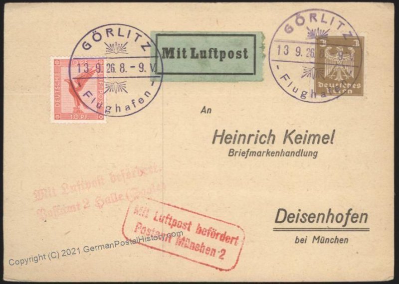 Germany 1926 Weimar Luftpost Early Airmail Cover Goerlitz Diesenhofen 105751