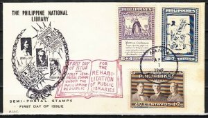 Philippines, Scott cat. B1-B3. Public Libraries Restoration. First day cover. ^