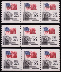 U.S. Mint Stamp Scott #1895 20c Flag Lot of 3 Coil Plate # Strips, #s 2, 3, & 5.