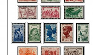 COLOR PRINTED FRENCH WEST AFRICA 1943-1959 STAMP ALBUM PAGES (15 illustr. pages)