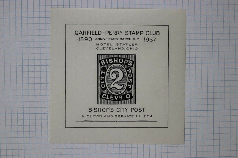 Garfield Perry stamp club 1937 Bishop's city local post Cleveland OH ad label