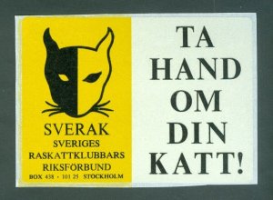 Sweden. Poster Stamp, Sticker. Unused  Take Care Of Your Cat 