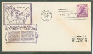 US 837 1938 3c Sesquicentennial of the Northwest Territory on an addressed (typed) FDC with an Anderson Cachet