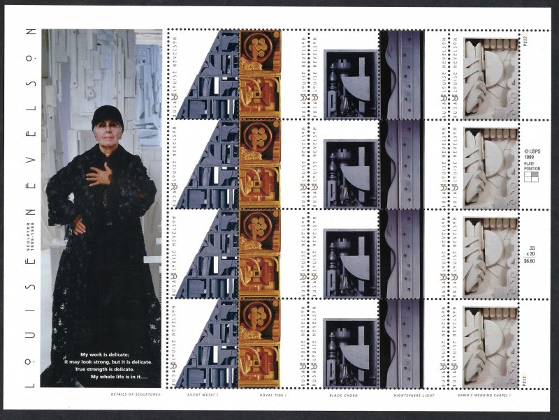 United States #3379-3383 33¢ Louise Nevelson (2000).  Mini-sheet of 20. MNH