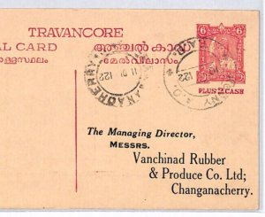 India States TRAVANCORE Stationery Card *KONNY* 1946 Changanacherry RUBBER PJ193