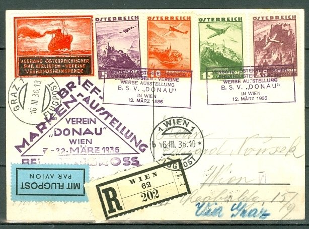 AUSTRIA 1936... REGISTERED AIR CARD #C32-C33-C34-C36 +...NICE SHIP VIGNETTE