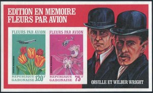 Gabon C111a imperf sheet,MNH.Michel Bl.21B. Flowers by air,1971.Brothers Wright.