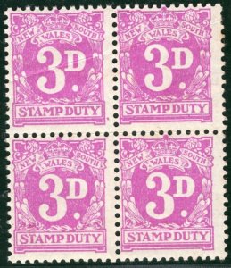 Australia States NSW REVENUE Stamps 3d Stamp Duty BLOCK OF FOUR Mint MM GWHITE46