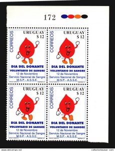 MEDICINE HEALT BLOOD DONORS DAY URUGUAY MNH BLOCK OF 4 ** CATALOGUE VALUE $14