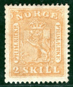 NORWAY Classic Stamp Scott.6 2sk Yellow (1863) ARMS Mint MM Cat $1,250- LGREEN21