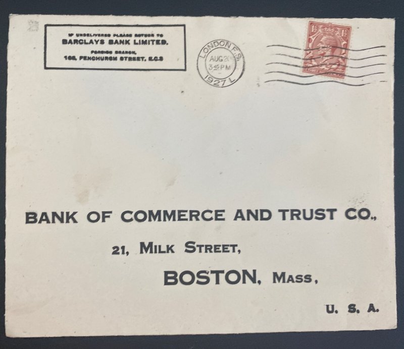 1927 London England Commercial Cover To Bank Of commerce Boston MA Usa