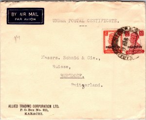 1949 Karachi Pakistan Airmail Cover  to Burgdorf Switzerland