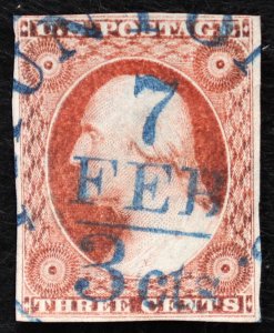 U.S. Used Stamp Scott # 11a 3c Washington Superb. Four Margins. Blue CDS Cancel!