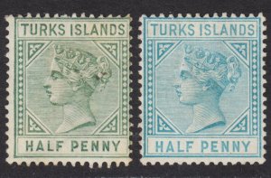 Turks Islands Scott 48, 48a blue green F to VF mint OG HHR & mint no gum..