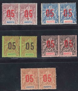 MOMEN: FRENCH COLONIES MAYOTTE SC #23b-27b PAIRS MINT OG H LOT #66034